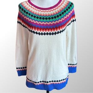 Talbots Nordic Fair Isle White Multicolor 3/4 Sleeve Wool Blend Sweater in Small